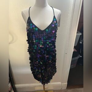 V-neck Sequin Backless sexy mini Dress - Black and Purple iridescent finish